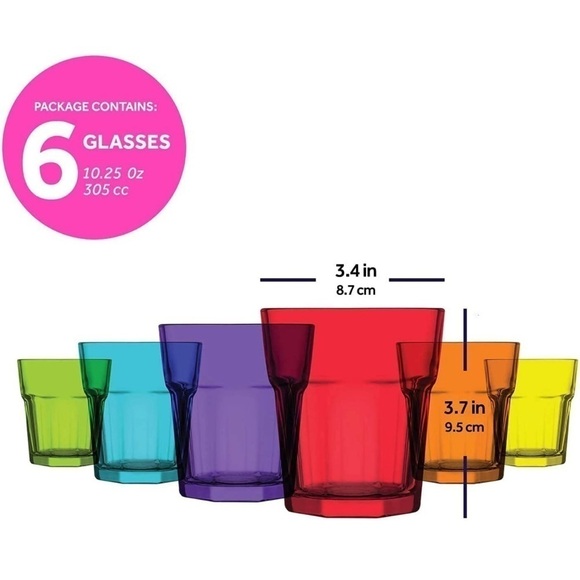 Brand New Colorful Drinking Glasses Set of 6 10.25 Oz Glass Cups Dishwasher Safe - Picture 16 of 16